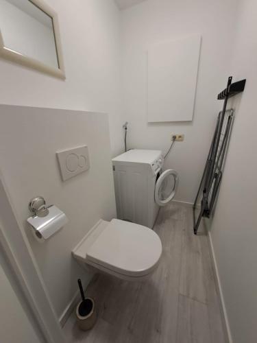 a white bathroom with a toilet and a mirror at Le Louis Vakantiehuis in Lanaken