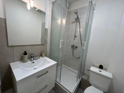 La salle de bains est pourvue d'une douche, d'un lavabo et de toilettes. dans l'établissement Amazonite YourHostHelper, à Caen