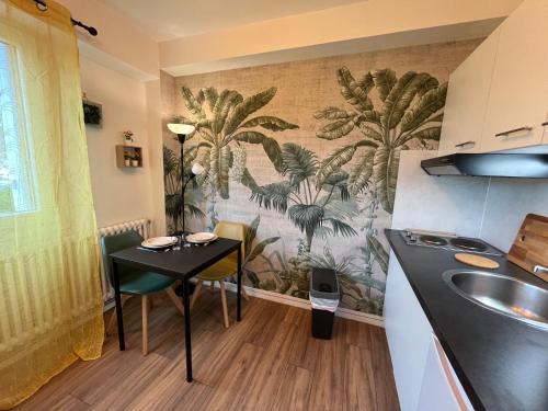 une petite cuisine avec une table et un évier dans l'établissement Amazonite, Studio proche centre ville de Caen stationnement à proximité, à Caen