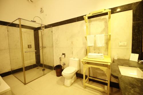 a bathroom with a shower and a toilet and a sink at Hotel Narain Niwas Palace in Jaipur