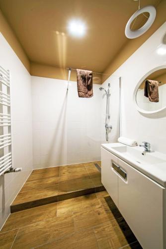 a bathroom with a shower and a sink at Pokoje Bukowiec Folwark i Park in Bukowiec