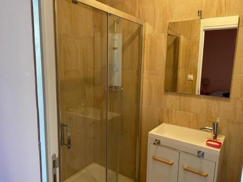 een badkamer met een glazen douche en een wastafel bij Maison confortable in Espéraza
