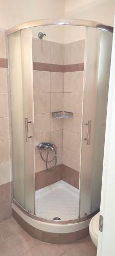 a shower stall in a bathroom with a toilet at Villa Eleni - Studios in Liapades
