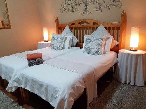 two beds in a room with two lamps at Karoo Manor Guesthouse and Restaurant in Richmond