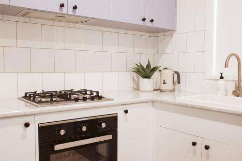 a white kitchen with a stove and a sink at An Unexpected Delight in the Heart of Town in Bendigo