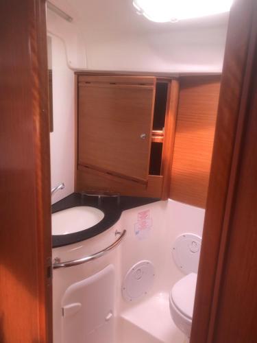 ein kleines Bad mit WC und Waschbecken in der Unterkunft BENNO » Segelyacht am Ijsselmeer mit 3 Kabinen in Lemmer