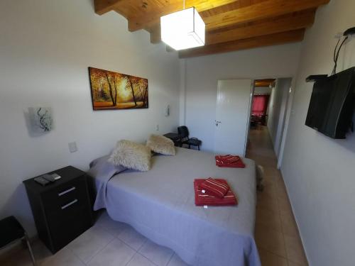 a bedroom with a large bed with red purses on it at C&M Alquiler temporario y Rent a Car in Las Heras