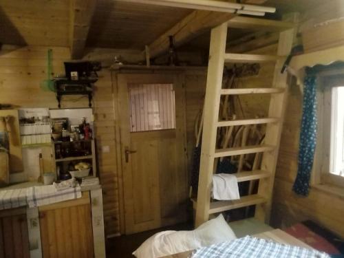 A Cottage in the Alps for hiking, cycling, skiing في جيسينيس: غرفة مع سرير بطابقين وسلم
