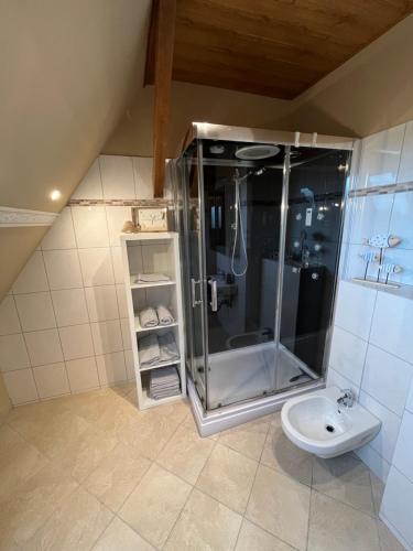 uma casa de banho com um chuveiro, um WC e um lavatório. em Ferienwohnung Mangold em Neuenkirchen