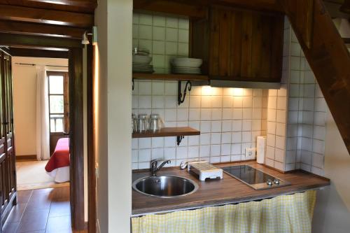eine Küche mit einer Spüle und einer Arbeitsplatte in der Unterkunft Posada Andariveles in Quijas