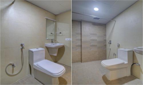 two images of a bathroom with a toilet and a sink at Treebo De Alphabet Kondapur in Hyderabad