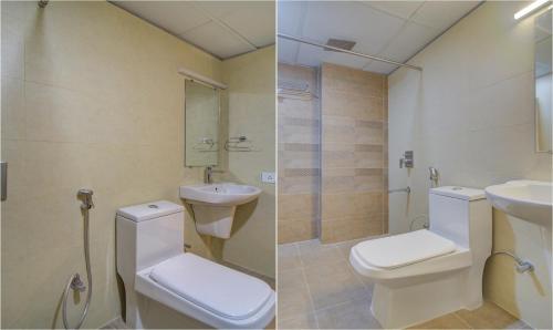 two pictures of a bathroom with a toilet and a sink at Treebo De Alphabet Kondapur in Hyderabad