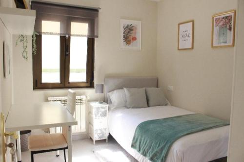 een slaapkamer met een bed, een bureau en een raam bij Habitación centro Oviedo cerca de estación de buses y trenes in Oviedo