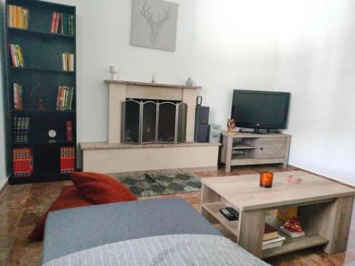 uma sala de estar com televisão e lareira em Home in nature em Michalítsion