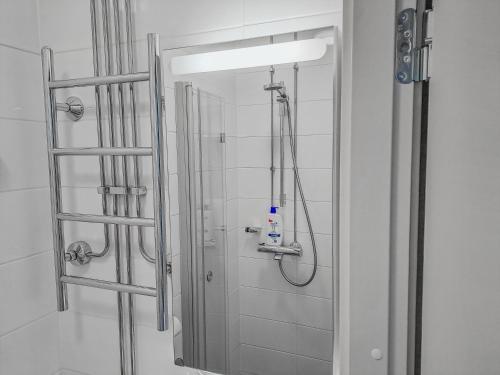 a bathroom with a shower with a glass door at Residential Hotels Franzén in Helsinki