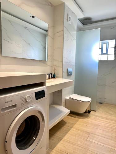 a bathroom with a washing machine and a toilet at Aerin Residence in Limenaria