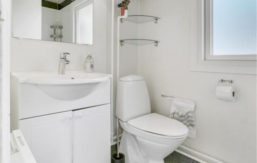 a white bathroom with a toilet and a sink at Viscum in Arnager
