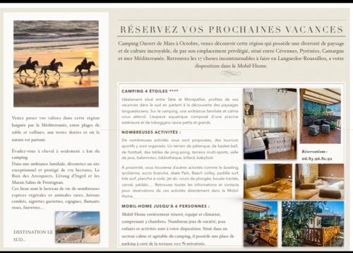 página de un sitio web con una foto de caballos en la playa en Mobil-home COSY clim&tv-3 Chambres, en Vic-la-Gardiole