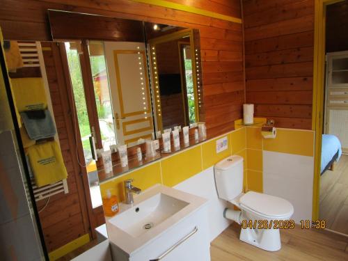 a bathroom with a sink and a toilet and a mirror at Locatlantique in Aytré