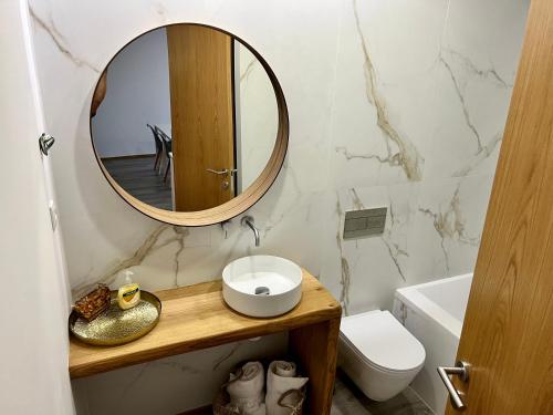 uma casa de banho com um espelho, um lavatório e um WC. em Charming Studio Apartment in Povoa de Varzim na Póvoa do Varzim