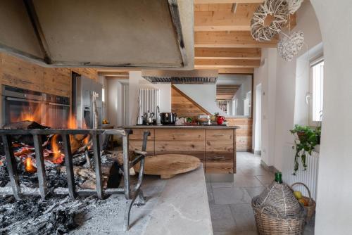 Valmareno的住宿－Agriturismo Podere del Bosc，一个带壁炉和炉灶的厨房
