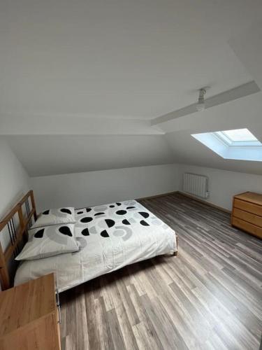 um quarto branco com uma cama e uma clarabóia em Duplex refait neuf 80m2 centre ville - 6 couchages em Belley
