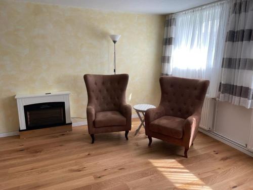 a living room with two chairs and a fireplace at Jagdzimmer in Thalheim