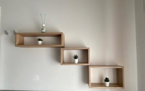 two wooden shelves with potted plants on a wall at Residence Outlet Vivaldi in Noventa di Piave
