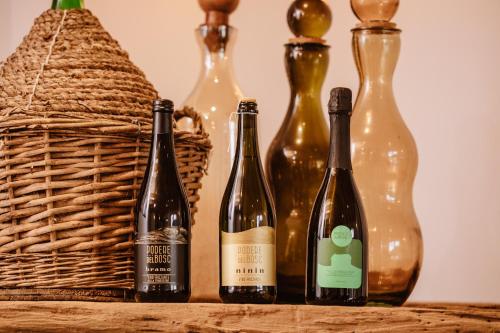 a group of wine bottles sitting next to a basket at Agriturismo Podere del Bosc in Valmareno