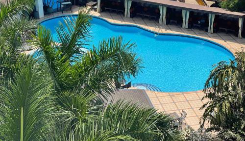 an overhead view of a large blue swimming pool with palm trees at Oak Plaza Hotels East Airport in Accra