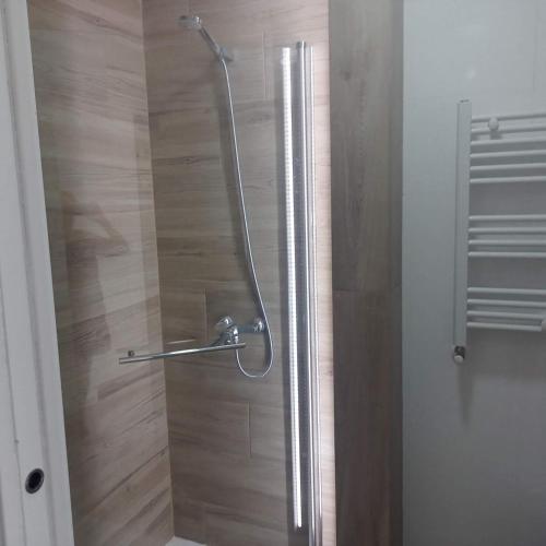 a shower with a glass door in a bathroom at Apartamento Suances in Suances