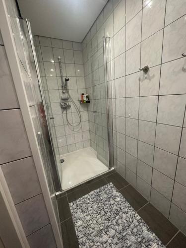 a shower with a glass door in a bathroom at Het Tinkerparadijs, paarden, rust en ruimte. in Burgh Haamstede