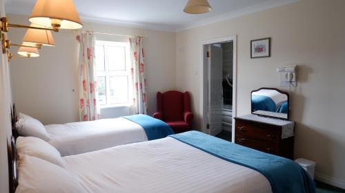 1 dormitorio con 2 camas, espejo y silla en Kilmurvey House en Kilronan