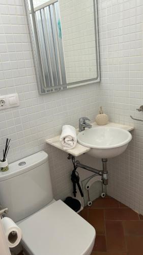a bathroom with a white toilet and a sink at Brisa Marinera in El Rompido