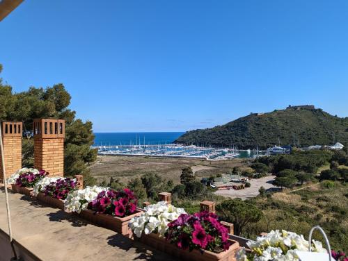 - une rangée de fleurs sur un balcon donnant sur l'océan dans l'établissement [porto ercole] comfort vista mare + parcheggio gratuito, à Cala Galera
