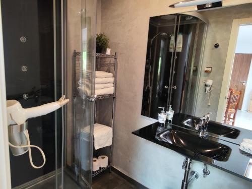 a bathroom with a sink and a shower with a mirror at Casita de invitados cerca de Madrid in Moralzarzal