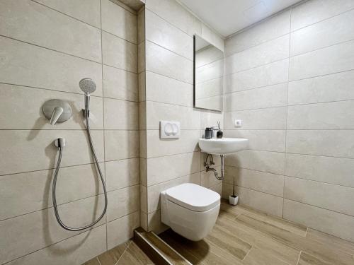 La salle de bains est pourvue d'une douche, de toilettes et d'un lavabo. dans l'établissement Apartments Valerian, à Novigrad