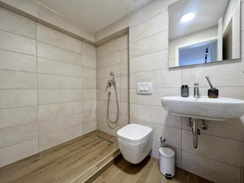 bagno con servizi igienici e lavandino di Apartments Valerian a Novigrad Istria