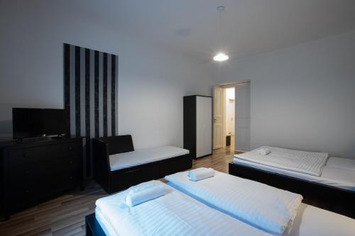 a room with two beds and a chair and a tv at Old Strand Spirit in Prague