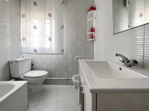 een witte badkamer met een toilet en een wastafel bij Apartamentos Xulia in Raxo