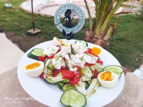 a plate of food with eggs and vegetables on it at Mermaid camp in Nuweiba