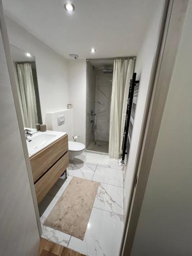 une salle de bain avec un lavabo, des toilettes et une douche dans l'établissement Résidence de l'Ariondaz - Courchevel, à Courchevel