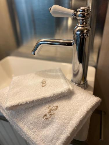 a white towel sitting on a sink next to a faucet at Gites De L'Etang Des Noues in Cholet