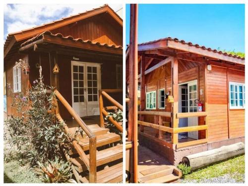 eine kleine Holzhütte mit einer Veranda und einer Treppe in der Unterkunft Pousada - Quintal do Rosa in Praia do Rosa
