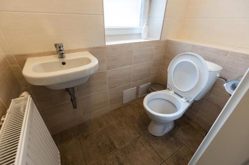 łazienka z toaletą i umywalką w obiekcie Žižkov tower suites w Pradze
