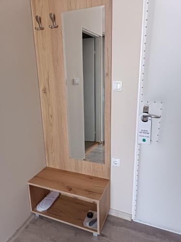 a dressing room with a mirror and a wooden shelf at Vila Bor in Bečej