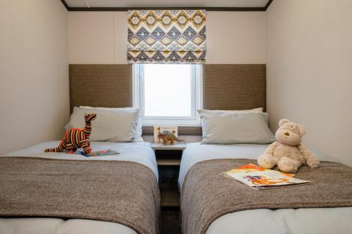 un osito de peluche sentado en dos camas en una habitación en Bailey Lodge, en Padstow