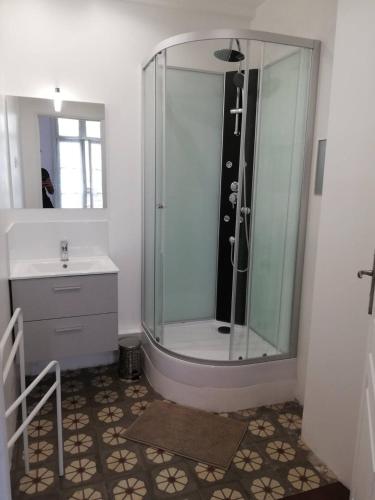 uma casa de banho com uma cabina de duche em vidro e um lavatório. em Studio tout confort dans le centre historique em Prats-de-Mollo-la-Preste