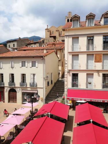 un groupe de bâtiments aux toits rouges dans une ville dans l'établissement Studio tout confort dans le centre historique, à Prats-de-Mollo-la-Preste