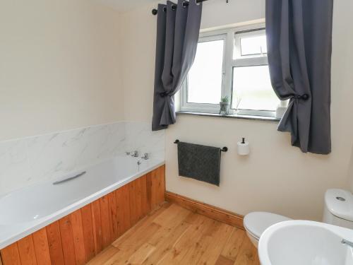 a bathroom with a tub and a toilet and a window at Ty Mawr in Haverfordwest